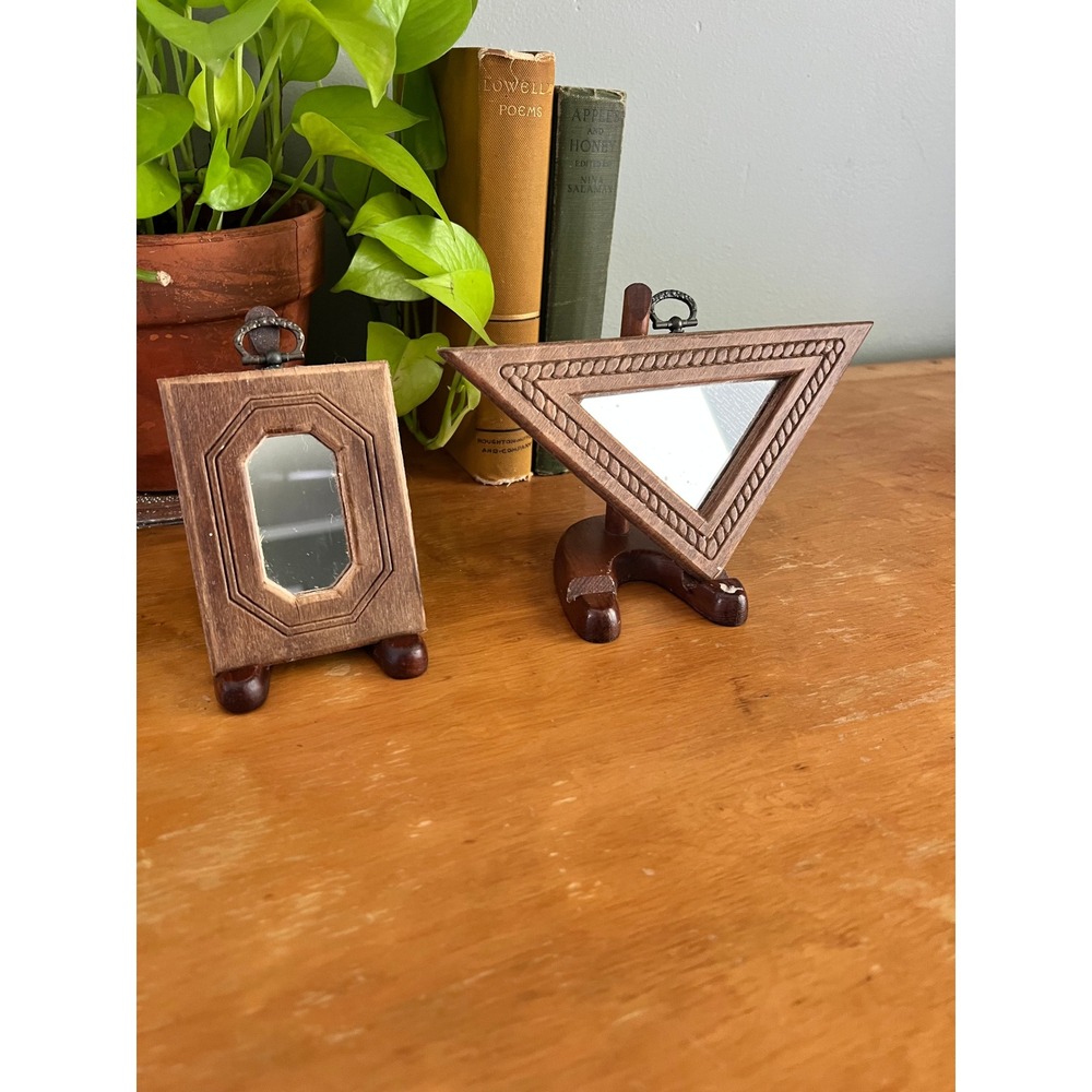 Vintage Mini Wood Mirrors Set 70s Boho Rectangle Triangle Geometric Wall Decor